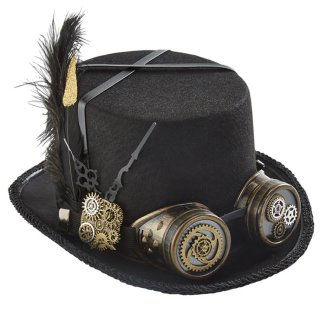 Black Steampunk Feather and Gear Goggles Masquerade Halloween Costume Top Hat J22789