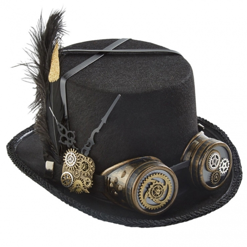 Black Steampunk Feather and Gear Goggles Masquerade Halloween Costume Top Hat J22789