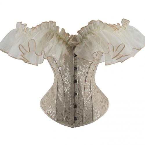 Gothic Apricot Plastic Boned Ruffles Off-shoulder Strapless Body Shaper Overbust Corset N22700