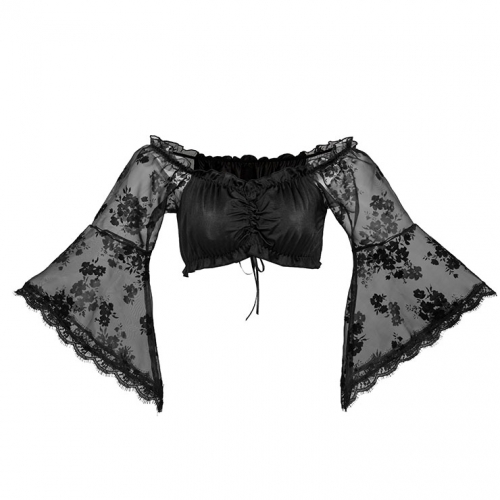 Sexy Black Lace Long Sleeve Off Shoulder Ruched Ruffled Crop Top N22674