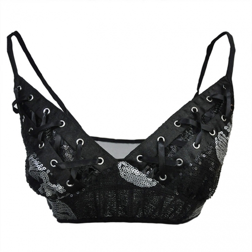 Sexy Gothic Black Spaghetti Straps Low-bra Clubwear Bra Top N22643