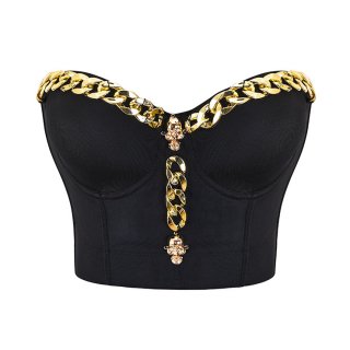 Sexy Black Spaghetti Straps Golden Chain Bustier Bra Corset Clubwear Crop Top N22632