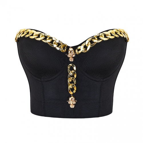 Sexy Black Spaghetti Straps Golden Chain Bustier Bra Corset Clubwear Crop Top N22632