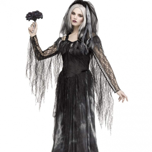 Black Printed Lace Evil Ghost Dress Adult Vampire Halloween Costume N22581