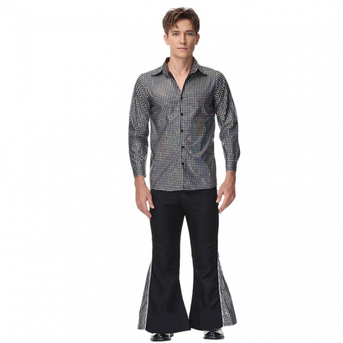 Men's Disco Dancing King Shiny Shirt Bell-bottoms Outfit Masquerade Cosplay Costume N22579