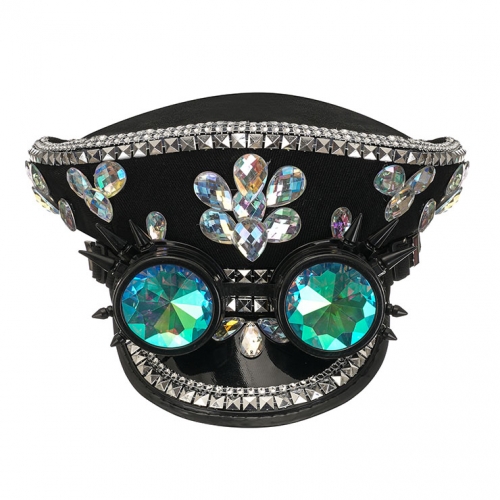Steampunk Rivets and Rhinestones Police Cap with Goggles Nightclub Cosplay Costume Hat J22558