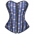 Sexy Blue Vintage Front Zipper Plaid Print Strapless Overbust Corset N5384