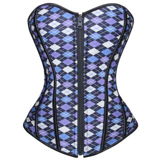 Sexy Blue Vintage Front Zipper Plaid Print Strapless Overbust Corset N5384