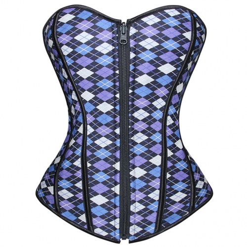 Sexy Blue Vintage Front Zipper Plaid Print Strapless Overbust Corset N5384
