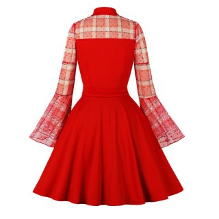 Vintage Red Lapel See-through Mesh Round Dot Grid Flare Sleeve Stitching A-line Dress N22471