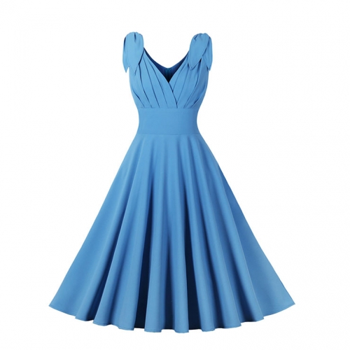 Vintage Elegant Blue Sleeveless V Neck High Waist Lace-Up A-line Dress N22469