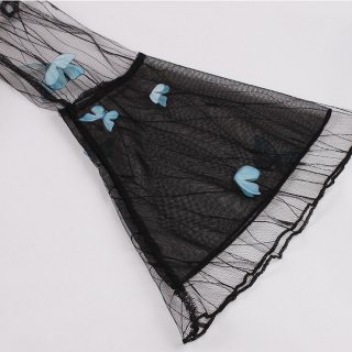 Retro Black Lapel See-through Mesh Azure Butterfly Flare Sleeve Stitching A-line Dress N22462