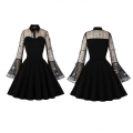 Retro Black Lapel See-through Mesh Grey Butterfly Flare Sleeve Stitching A-line Dress N22459