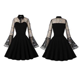 Retro Black Lapel See-through Mesh Grey Butterfly Flare Sleeve Stitching A-line Dress N22459