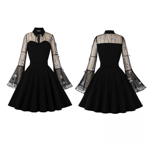 Retro Black Lapel See-through Mesh Grey Butterfly Flare Sleeve Stitching A-line Dress N22459