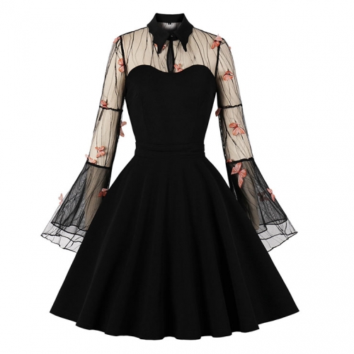 Retro Black Lapel See-through Mesh Orange Butterfly Flare Sleeve Stitching A-line Dress N22458