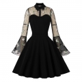 Retro Black Lapel See-through Mesh Floral Embroidered Flare Sleeve Stitching A-line Dress N22457