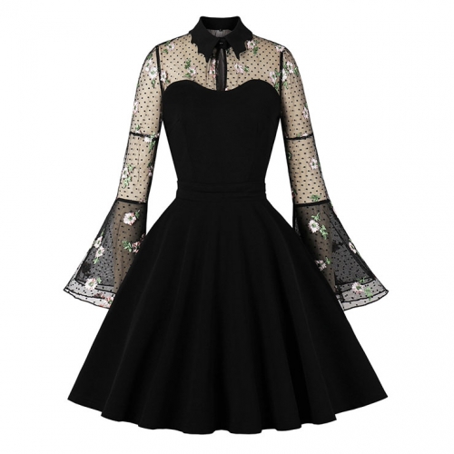 Retro Black Lapel See-through Mesh Floral Embroidered Flare Sleeve Stitching A-line Dress N22457