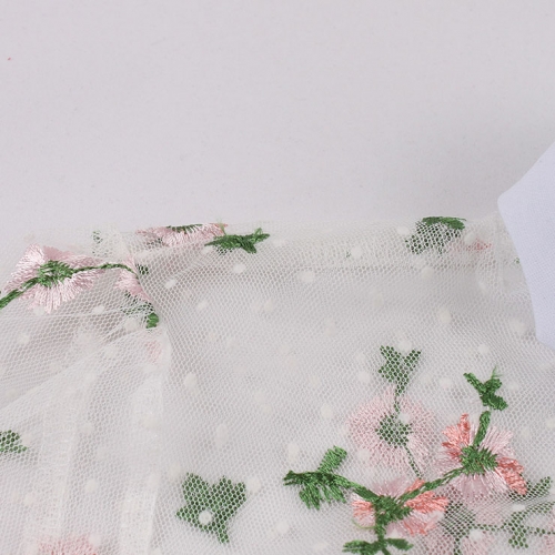 Retro White Lapel See-through Mesh Floral Embroidered Flare Sleeve Stitching A-line Dress N22456