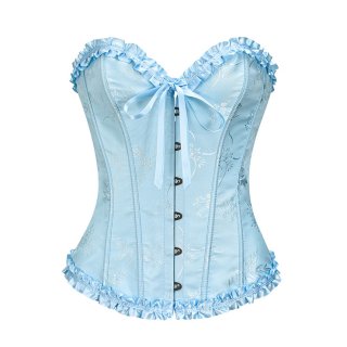 Victorian Gothic Azure Brocade Plastic Boned Ruffle Waist Cincher Body Shaper Overbust Corset N22416
