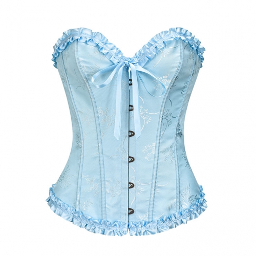 Victorian Gothic Azure Brocade Plastic Boned Ruffle Waist Cincher Body Shaper Overbust Corset N22416