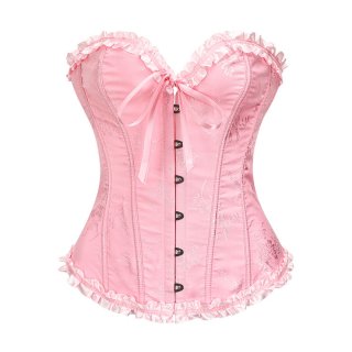 Victorian Gothic Pink Brocade Plastic Boned Ruffle Waist Cincher Body Shaper Overbust Corset N22410