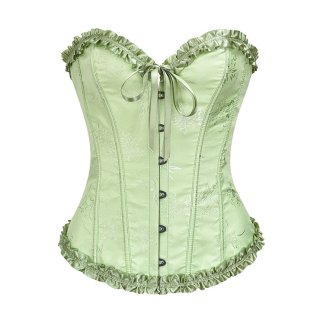 Victorian Gothic Grass Green Brocade Plastic Boned Ruffle Waist Cincher Body Shaper Overbust Corset N22409
