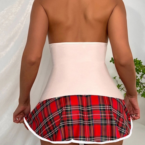 Sexy School Girl Uniform Adult Cosplay Costume Backless Bra Top Mini Pleated Skirt Set N22383