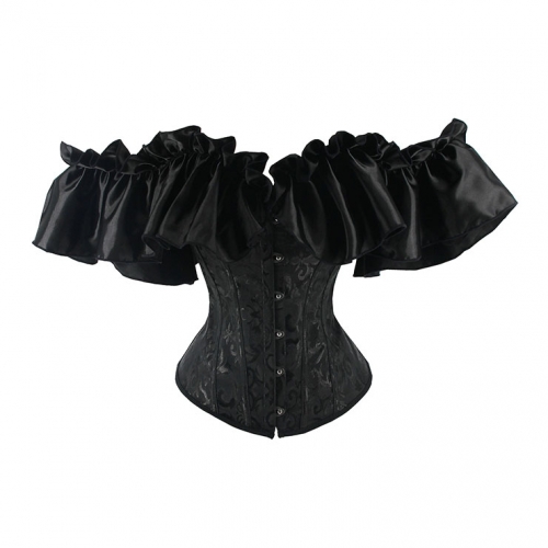 Gothic Black Plastic Boned Ruffles Off-shoulder Strapless Body Shaper Overbust Corset N22349