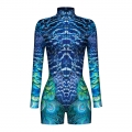 Blue Pattern 3D Printed High Neck Long Bodycon Jumpsuit Halloween Costume N22346