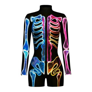 Multi Colored Bones 3D Printed High Neck Long Bodycon Jumpsuit Halloween Costume N22344