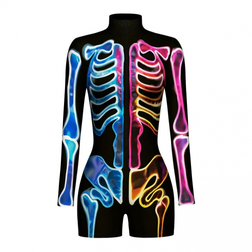 Multi Colored Bones 3D Printed High Neck Long Bodycon Jumpsuit Halloween Costume N22344