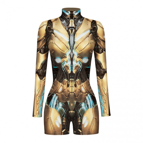 Yeiiow Robot 3D Printed High Neck Long Bodycon Jumpsuit Halloween Costume N22342