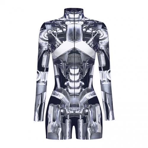 Grey Robot 3D Printed High Neck Long Bodycon Jumpsuit Halloween Costume N22341