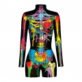 Scary Multi Colored Skeleton 3D Digital Printed High Neck Long sleeve Shorts Bodysuit Halloween Costume N22337