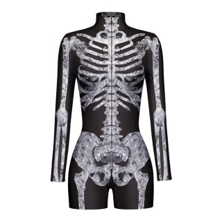 Scary Grey Skeleton 3D Digital Printed High Neck Long sleeve Shorts Bodysuit Halloween Costume N22335
