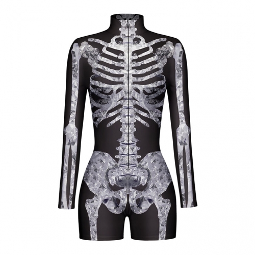 Scary Grey Skeleton 3D Digital Printed High Neck Long sleeve Shorts Bodysuit Halloween Costume N22335