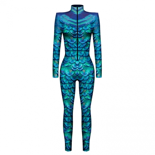 Blue Robot 3D Printed Unitard Humanoid High Neck Bodysuit Halloween Cosplay Costume N22331