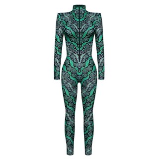 Green Robot 3D Printed Unitard Humanoid High Neck Bodysuit Halloween Cosplay Costume N22329
