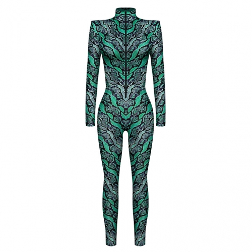 Green Robot 3D Printed Unitard Humanoid High Neck Bodysuit Halloween Cosplay Costume N22329