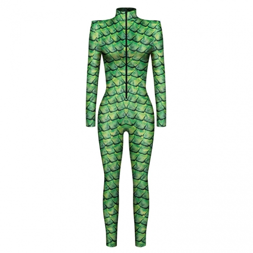 Green Robot 3D Printed Unitard Humanoid High Neck Bodysuit Halloween Cosplay Costume N22327