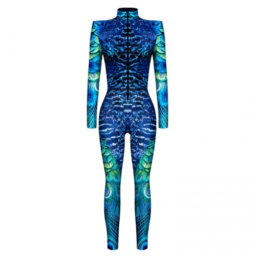 Blue Robot 3D Printed Unitard Humanoid High Neck Bodysuit Halloween Cosplay Costume N22326