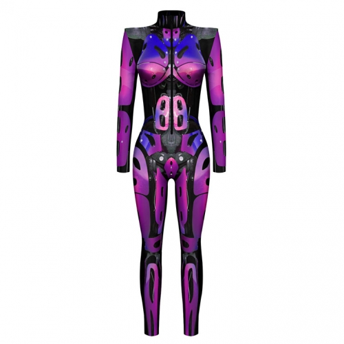 Purple Robot 3D Printed High Neck Long Bodycon Jumpsuit Halloween Costume N22322