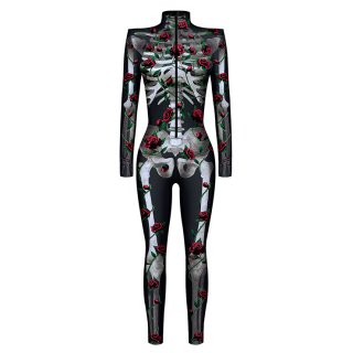 Scary Red Rose Bone 3D Digital Printed Unitard Skeleton High Neck Bodysuit Halloween Costume N22320