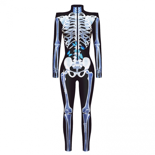 Scary Blue Bone 3D Digital Printed Unitard Skeleton High Neck Bodysuit Halloween Costume N22319