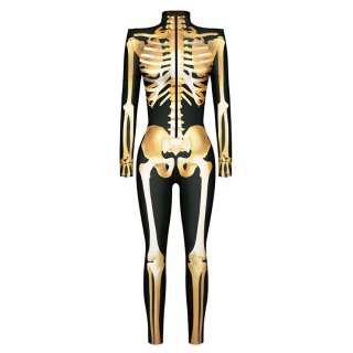 Scary Gold Bone 3D Digital Printed Unitard Skeleton High Neck Bodysuit Halloween Costume N22318