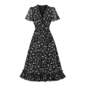 Vintage Floral Print Ruffle V Neckline Flare Sleeve Summer Rockabilly Party Midi Dress N22266