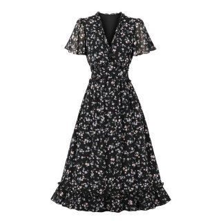 Vintage Floral Print Ruffle V Neckline Flare Sleeve Summer Rockabilly Party Midi Dress N22266