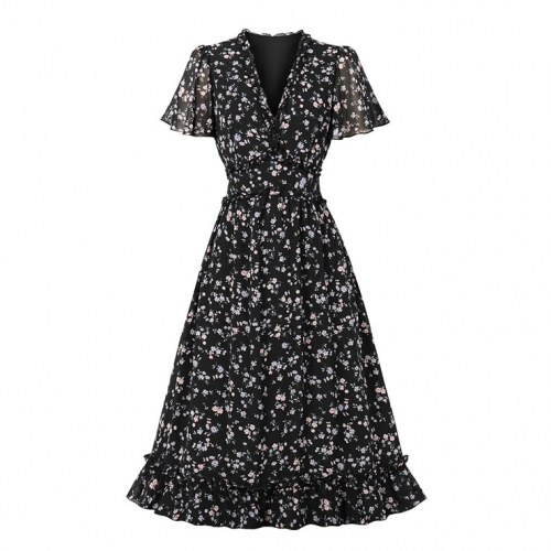 Vintage Floral Print Ruffle V Neckline Flare Sleeve Summer Rockabilly Party Midi Dress N22266