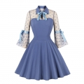 Sexy See-through Mesh Patchwork Lapel Tie Collar Flare Sleeve High Waist Swing Dress N22265